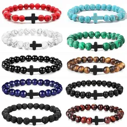 Beaded Men Natural Stone Bead Cross Bracelet Onyx Meditation Bracelet Women Yoga Jewelry Homme Pulser Lava Turquoise Beaded Bracelets 240423