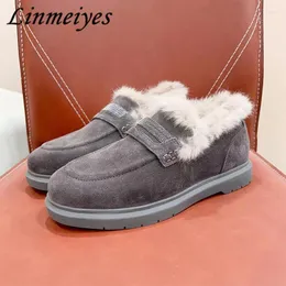 Lässige Schuhe Kuh Wildleder -Ladung Frau runde Zehen flache flache Frauen String Perlen Wolle warmer Winter gemütlicher Spaziergang