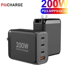 شحن 200W USB C Charger 4Port PD 100W PPS45W GAN FAST CARGING ATTORT ADAPTER TRAVEL LAPTOP لـ MacBook iPad iPhone14/14