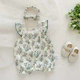 One-Pieces MILANCEL New Summer Baby Girls Rompers OnePieced Toddler Sweet Green Floral Jumpsuit with Hairband Infant Outwear Outfits