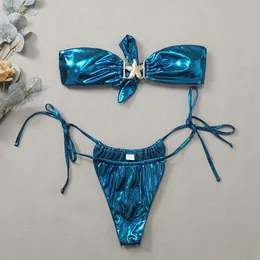 Klejnot niebieski błyszczący bikini 2024 damski odzież stroju kąpielowa letnie plażę wakacyjne stroje z kąpielami Bandeau Backless Swimodwear 240424