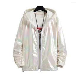 남자 재킷 남성 여름 얼음 얼음 실크 가벼운 밝은 화려한 반사 선 스크린 후드 긴 소매 포켓 코트 스트리트웨어 남성 재킷