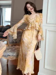 Vestido de peice de verão de verão 2 Women Women Amarelo Chiffon Ruffles Jacote de bandagem Slip Maxi Robe Femme Holiday Beach Boho Roupfits 240509