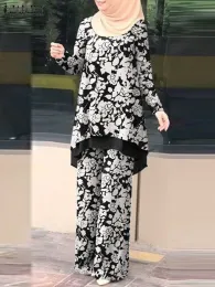 Giyim Zanzea Sonbahar Moda Eşleştirme Setleri Çiçek Baskı Müslüman Takım Uzun Kollu Oneck Bluz Geniş Bacak Pantolon Tatil İslami Giyim