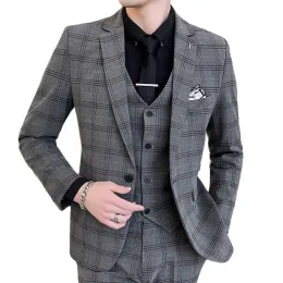 Jacken (Jacke+Hantel+Weste) 2021 Luxus 3 PCs Männer Anzug Mode männliche Schleiche Fit Plaid Business Office Anzugsets Bräutigam Hochzeitskleid Smoking