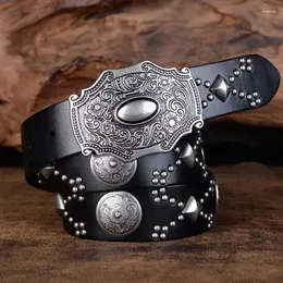 Cintos da camada superior Rivet Punk Belt Belt Genuine Retro Retro Projetado pessoalmente para o homem Jeans de decoração de geometria Black