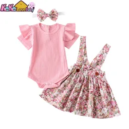 Defina roupas recém -nascidas para meninas de menina de verão rosa babados floral saias curtas Band da cabeça roupas infantis roupas de criança 024 meses