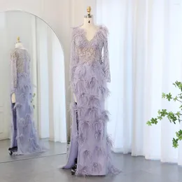 Party Dresses Jancember Feathers Lilac Mermaid Evening Long Sleeves Elegant V-Neck Arabic Woman Wedding Gowns Sz183