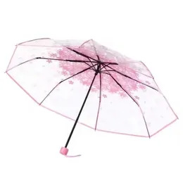 2024韓国の傘の折り畳みかわいい韓国のミニ新鮮なシンプルなセンシリーズトリホールドチェリーブロッサム透明な日本の傘