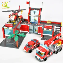 Bloklar Huiqibao 756pcs Fire Station Model Yapı Blokları Kamyon Helikopter İtfaiyeci Bricks City Eğitim Oyuncakları Çocuklar Hediye