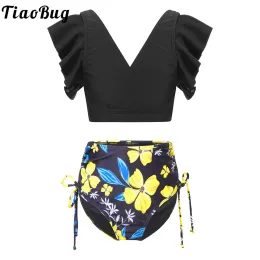 Swimwear Kids Girls Swimsuit Two Piece Children Swimwear Tankini V Neck Short Sleeve Floral Print Top Briefs Rash Guard Bathing Suit