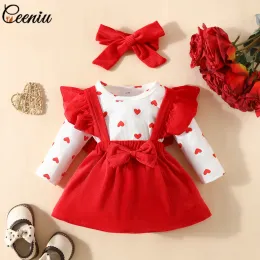 Define Ceeniu My First Valentines Day Girl Roupa Bodysuit de coração+Suspender Corduroy Red Dress Sets Roupas de bebê para recém -nascidas