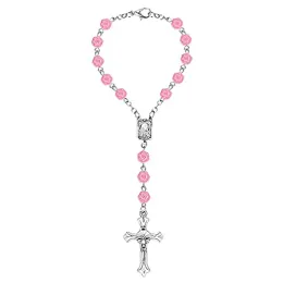 Strängar Qigo Pink Plastic Rose Flower Cross Rosary Armband för kvinnors bilhängare