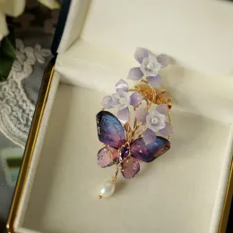 Brooches FXLRY Original Handmade Hydrangea Tassel Senline Butterfly Brooch For Women Pin Decoration Coat Accessories
