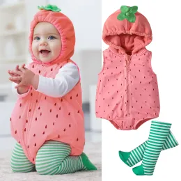 Pieces de uma peças fofas roupas de macacão de bebê define o palco em forma de morango, com zíper com capuzes com capuz+meias listradas figurinos de meninos meninos