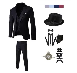 Ternos dos anos 1920 Men Gatsby Cosplay Roupet Costume de gângster masculino e acessórios Conjunto de bolso do colete steampunk