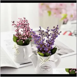 Tillbehör kransar hemfest festliga trädgårdsfake blommor lilja i dalen +keramisk liten potten vas mini skrivbord bonsai för vardagsrum trädgård