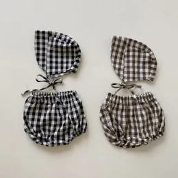 Setler yaz bebek kız erkek şort ekose pamuklu bebek bloomers şapka giysileri set bebek çocuk çocukları fotoğraf destek roupa bebek bezi kapağı