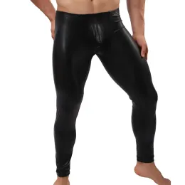 Pantolon erkek siyah pu deri skinny pantolon tozluklar seksi kese pantolon pantolon kulüp kıyafetleri performans kostümü sahte deri sıkı legging pantolon