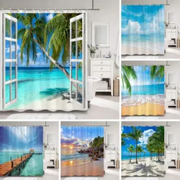 Duschgardiner Ocean Beach utomhus scenisk gardin Coconut Tree Blue Sky White Clouds Natural Landscape Tyg Bad Badrum deco