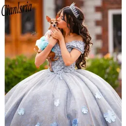 Quinceanera Dresses Flower Dress Tulle Off Offer Shouldell Party Dress Aptliques Lace Up Court Train Prom Ball Gown