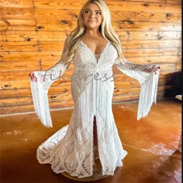 Plus Size Fulllace Bohemian Wedding Dresses Mermaid 2024 Elopement Long Sleeve Gatsby Bridal Dress Tassel Boho Bride Dress Vestios Novias Civil Gothic Black Novias