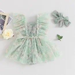 Einszene Säugling Neugeborene Baby Girls Sommerprinzessin Strampler Kleider Grün fliegende Ärmel Blumensticke Tüllkleider mit Stirnband