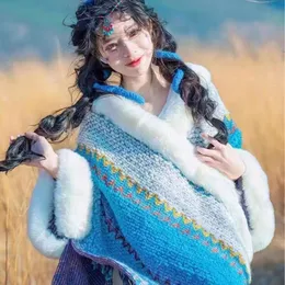 Ethnic Style Shawl Fur Collar Hanging Ball Tourist Wear Scarf Womens Blanket Yunnan Lijiang Warm Cloak Cape