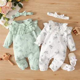 Enstycken 0 till 12 månader baby flicka romper nyfödd baby flicka bodysuit blommor lotus blad lång ärm jumpsuit med pannband baby onesie