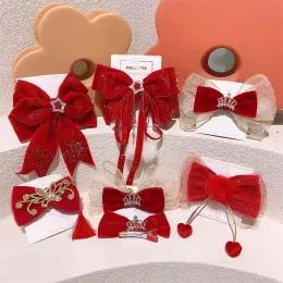 Accessories New Year Red Baby Big Bow Ribbon Hair Clips Crystal Headwear Geometric Women Girls Shiny Velvet Hairpins Hair Accessions