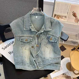 Frauenwesten 2024 Sommer Denim Weste Frauen Lose Kurzpferd Clipkontrast ärmellose Top Flip Kragen Casual Cowboy Mantel Frauen Outwear