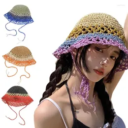 Berets Women's Color Matching Wide Brim Foldable Crochet Bucket Hat Summer Outdoor