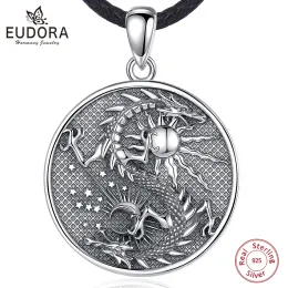 Kolyeler Eudora 925 STERLING Silver Moon Ejderha Kolye Kadınlar Erkek Vintage Sun Dragon Muska Kolye Kişilik Mücevher Partisi Hediye