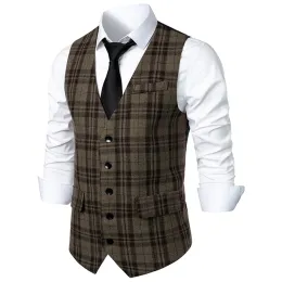 Westen Plaid Weste Männer Weste mit Taschenabdeckung Anzug Weste Slim Fit ärmellose Weste Herrengeschäftszeit Hochzeitskleid Weste