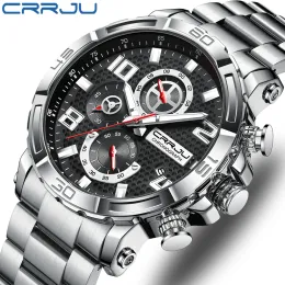 Watches Crrju Men Watches Big Dial Waterproof Rostless Steel med lysande HandsDate Sport Chronograph Watches Relogio Masculino