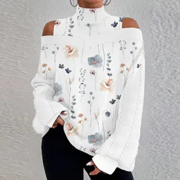 Kobiety Sprężyna zimne ramię kwiatowe Tshirt Tops Ladies Wysoka szyja luźna bluzka pulowerowa odzież plus rozmiar 2024 240412