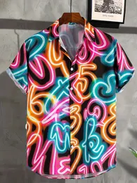 Mens Neon Style Print Lapel Button Up Casual Short Sleeve Shirts Men Clothes For Summer Hawaiian Shirt Clothing Streetwear 240419