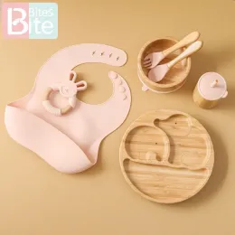 Costumi da bagno in bambù per alimentazione per bambini set per bambini piccoli piatti da tavolo da tavolo accessorio per cibo con cucchiaio silicone tazza di tazza di boccetta