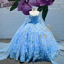 Sparkly Sky Blue Princess Ball Gown платья Quinceanera 2024 Appliques Spaghetti Brap Sweetheart Sequined vestidos de 15 Anos