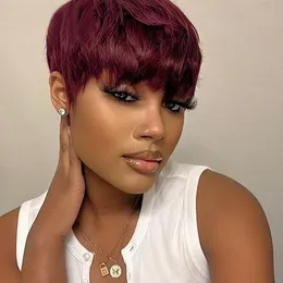 99J Burgundy Pixie Cut Wigs Black Women Short Straight Human Hair Wigs 100% Brazilian Remy Hair