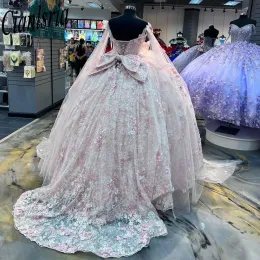 Pink Quinceanera Dresses Sweetheart Off Shoulder Princess Sweet 15 16 살 생일 무도회 파티 가운 랩