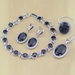 Strängar 925 Sterling Silver Jewelry Black Cubic Zirconia White Crystal Jewelry Set Women Earrings/Pendant/Necklace/Rings/Armband T228