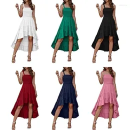 Vestidos casuais amarra as mulheres, espaguete de cinta quadrada giro de giro A-line A-line Smocked Shirred Ruffled Ruff Low baixo bainha assimétrica longa