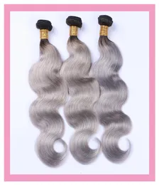 Indian Raw Virgin Human Hair Web Weave Body Wave 3 Bündel 1Bgrey Doppelscheuter 1026inch 1B Grau Zwei Töne Farbe Körperwelle8031856