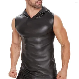 Erkek tank üstleri siyah deri kapüşonlu seksi mat spor spor fitness kas yeleği erkek kolsuz tişört singlets parti kulüp kıyafetleri