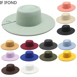 Estilo britânico clássico 9.5cm Big Wide Brim Fedora Hat for Women Fashion Autumn Winter Felt Chat Chats Dress Jazz Cap 240415
