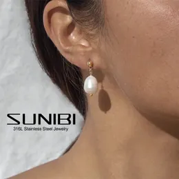 여성을위한 Sunibi Natural Freshwater Pearl Earrings 골드 컬러 스테인레스 스틸 강철 달린 귀걸이 선물 보석 Wholesaledrop 240422