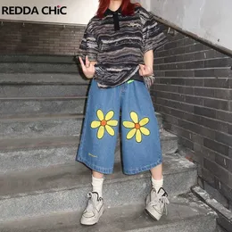 Kadınlar Kot Reddacic Vintage Y2K Baskı Çiçek Kadınlar Bol Jorts Sıradan Geniş Bacak Denim Pantolon Büyük Boyutlu Daisy Kesme Kore Sokak Giyim 240423