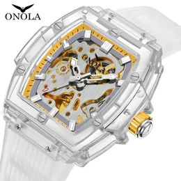 ONOLAデザイナー自動機械式時計メンズウォッチプラスチック透明な中空ファッション防水時計クラシック新しいアナログ腕時計