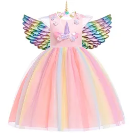 Camisas Girls Unicorn Tutu Dress Fidros Rainbow Princess Dress for Party Christal Halloween Cosplay Costume com asas da cabeça